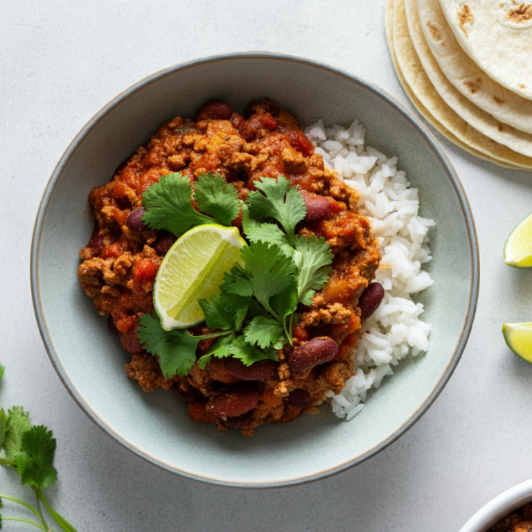 A bowl of easy chili con carne topped with fresh cilantro, showcasing ground meat, beans, and tomatoes