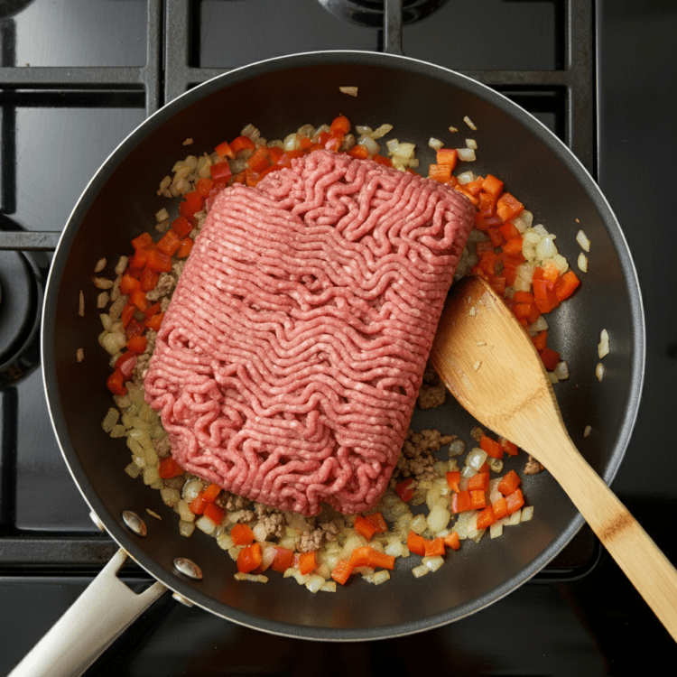 Adding minced beef to a pot for easy chili con carne, mixing with onions, garlic, and spices