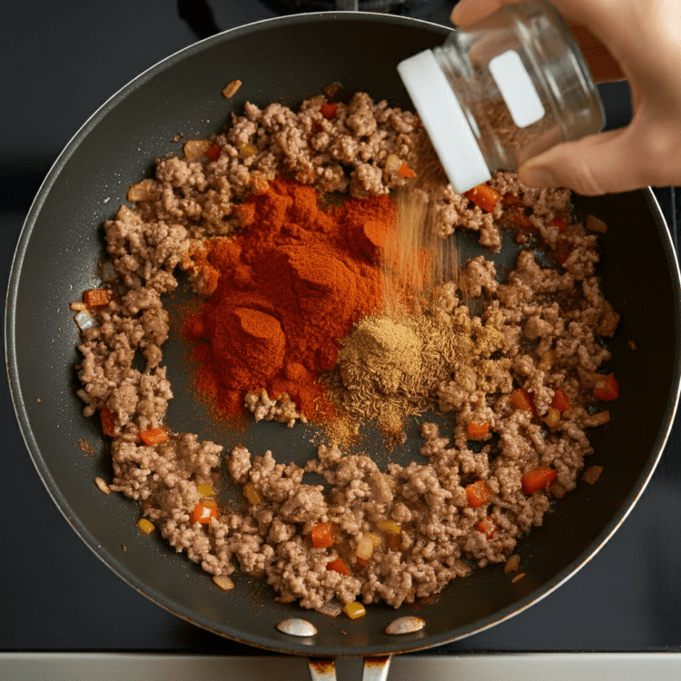 Adding a blend of spices to easy chili con carne, enhancing flavor with cumin, chili powder, and garlic