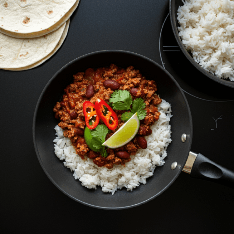 Serving easy chili con carne in a bowl, garnished with sour cream and fresh cilantro