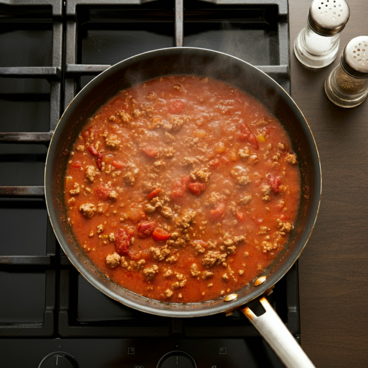 Simmering easy chili con carne on the stovetop, allowing flavors to meld together for a rich, hearty dish