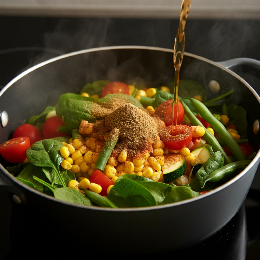 Adding spices to the pot to enhance the flavor of the 10-vegetable soup recipe