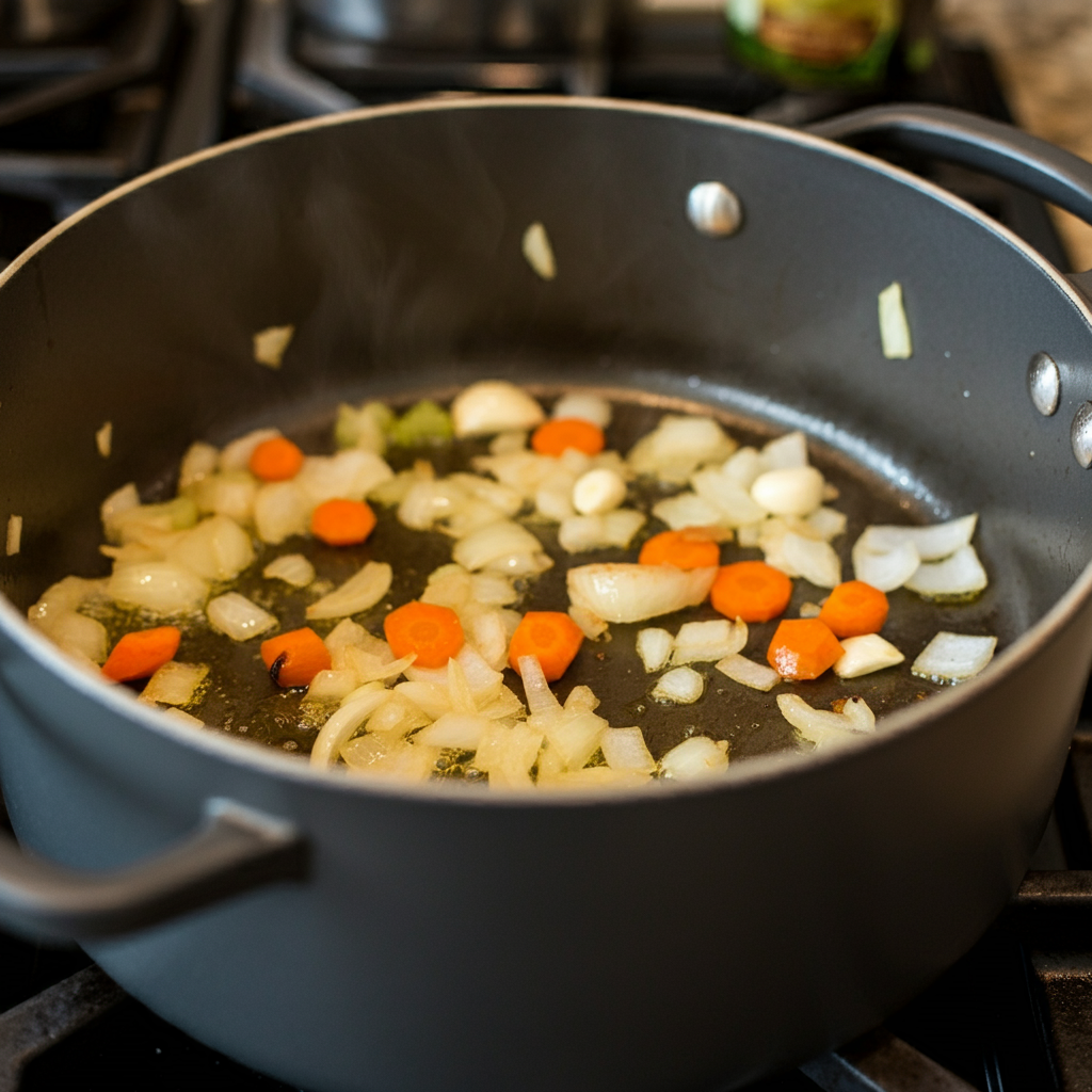 Sautéing onions in a pot as the first step for preparing a flavorful 10-vegetable soup recipe