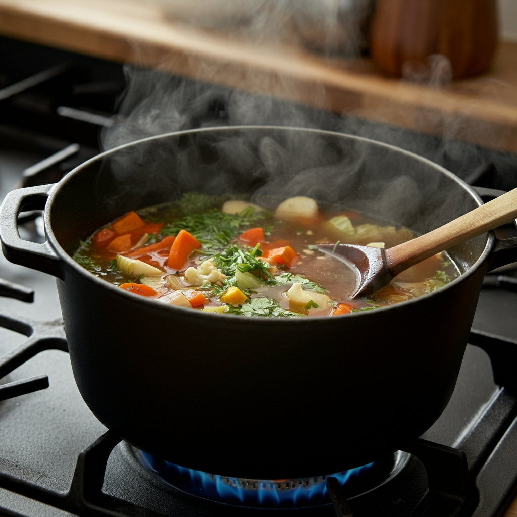 Simmering the 10-vegetable soup to allow the flavors to blend and vegetables to cook thoroughly