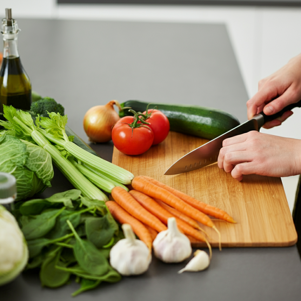 A colorful assortment of fresh vegetables for a hearty 10-vegetable soup recipe, ready to be chopped and cooked