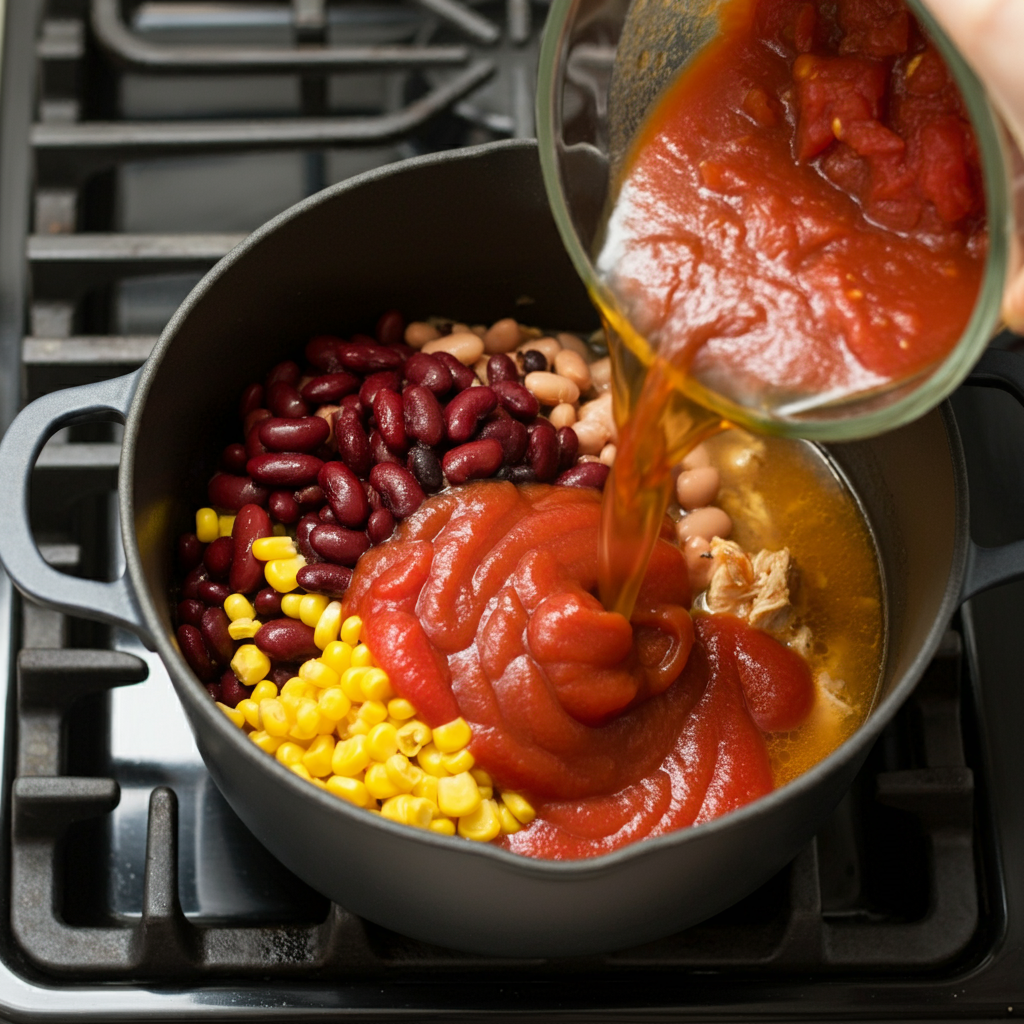 Adding 7 cans of ingredients, including beans, tomatoes, and corn, to the pot for a flavorful soup recipe