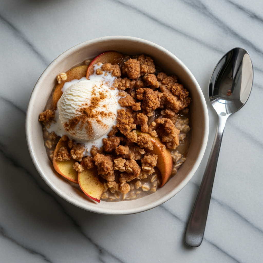 Delicious apple crumble oatmeal served with a crispy oat topping and a sprinkle of cinnamon