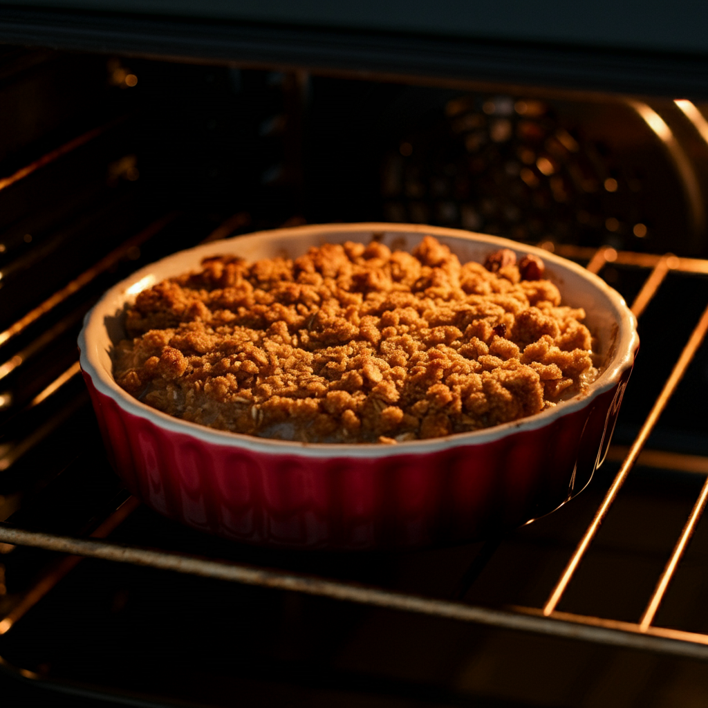 Baking apple crumble oatmeal in the oven, topped with a layer of oats and cinnamon for a crispy finish