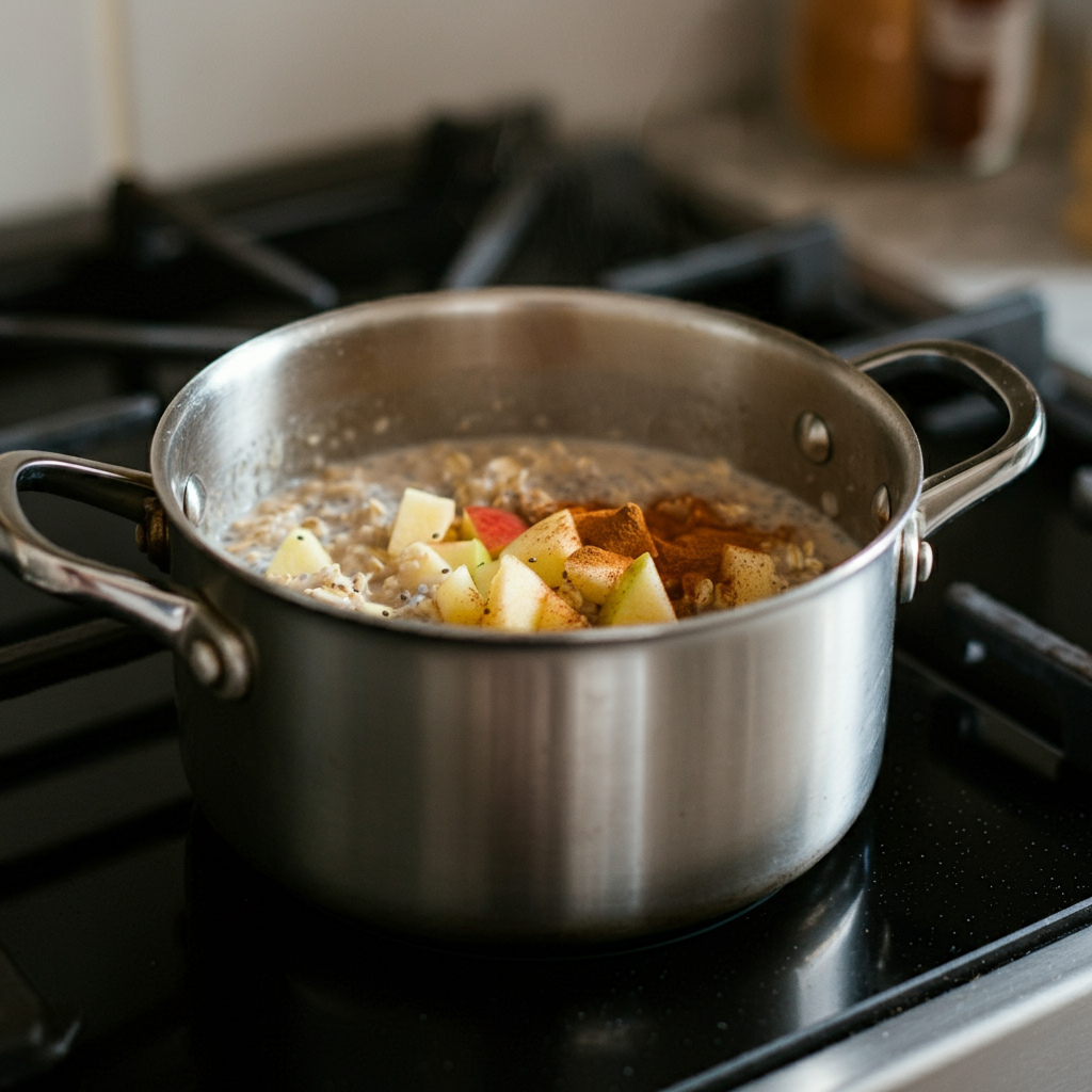 Boiled apple crumble oatmeal with chunks of fresh apple, topped with a sprinkle of oats and cinnamon