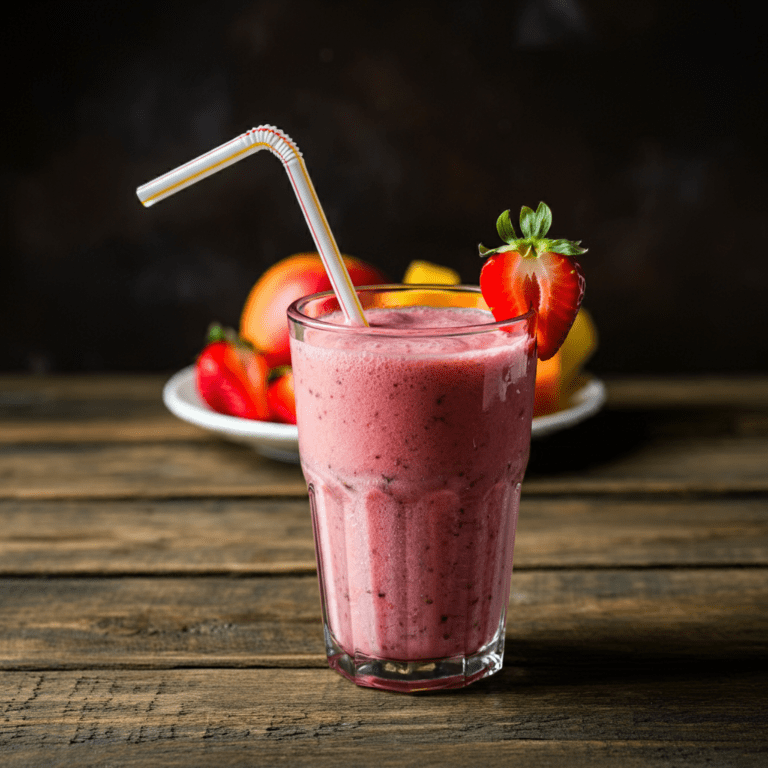 A refreshing glass of basic fruit smoothie made with a mix of fresh fruits like strawberries, bananas, and mangoes, served on a wooden table with a straw and garnished with fruit slices