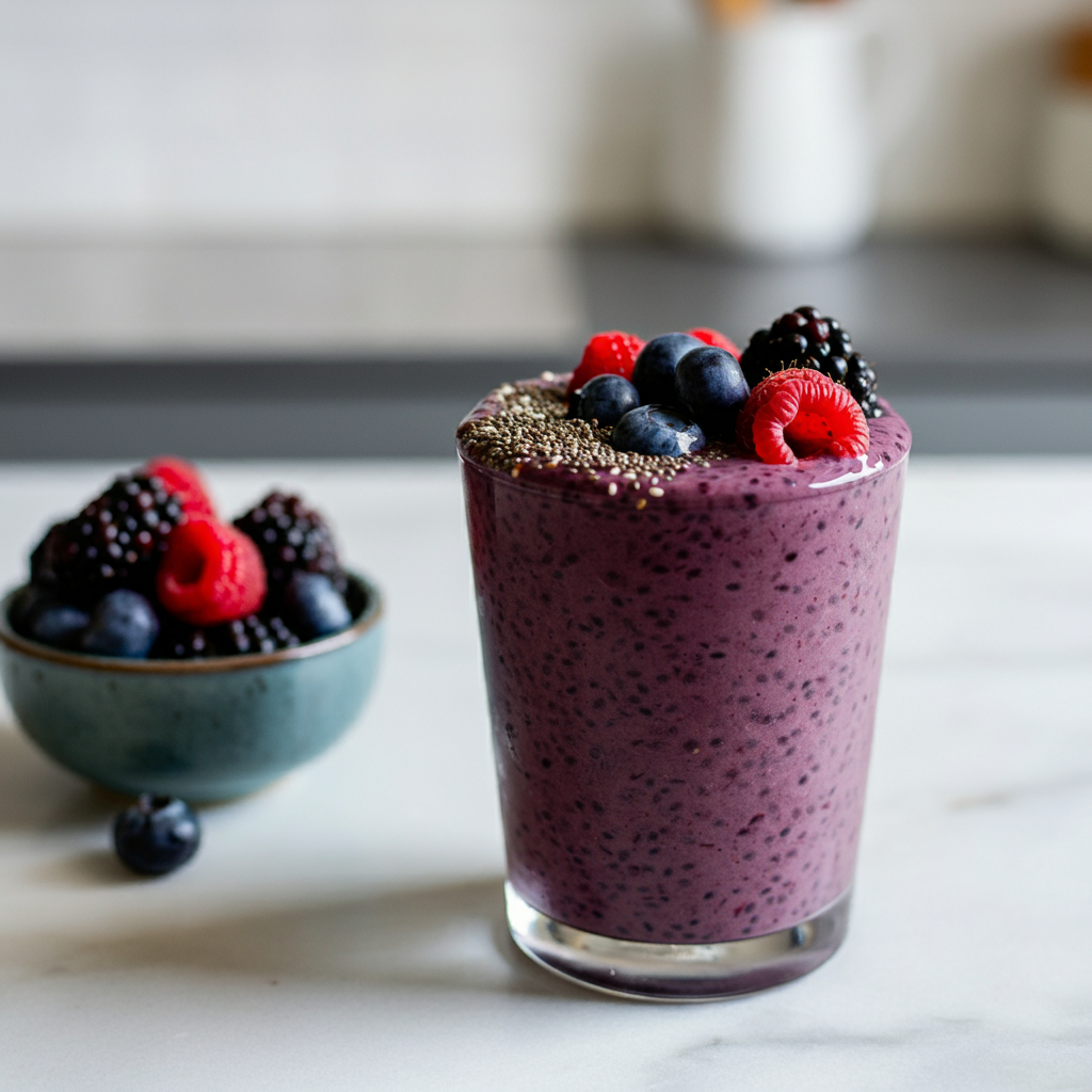 A berry blast smoothie in a glass, made with a mix of blueberries, raspberries, and blackberries, topped with chia seeds and placed on a marble countertop with fresh berries around it