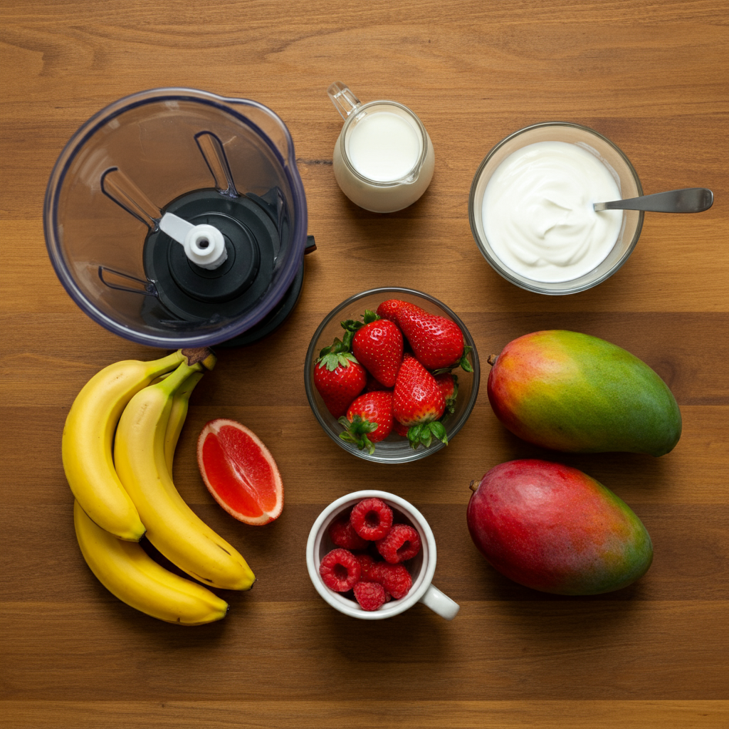 Fresh smoothie ingredients including strawberries, bananas, mangoes, yogurt, and milk arranged neatly on a wooden kitchen countertop, ready to create a delicious fruit smoothie