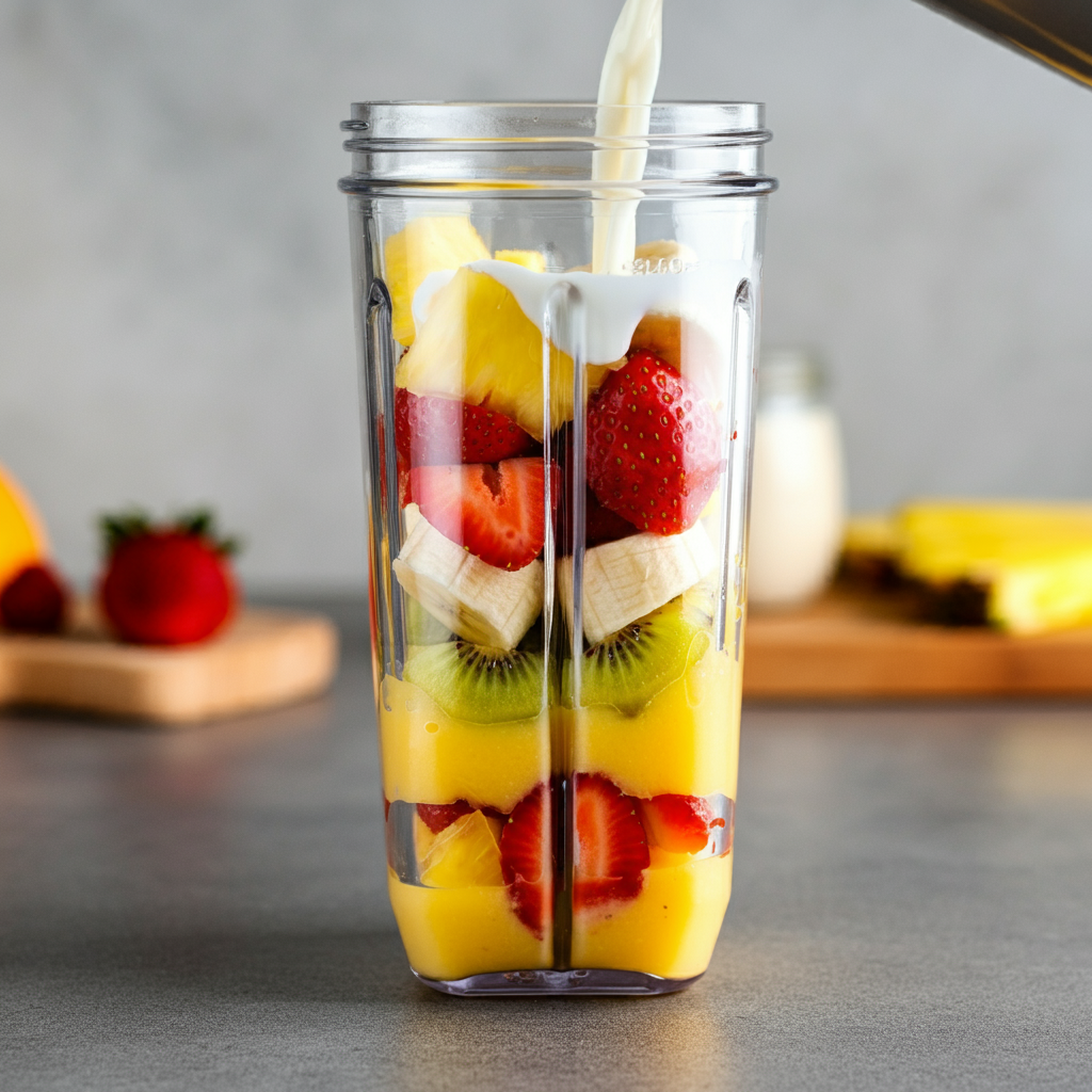 A blender jar filled with fresh fruit layers including strawberries, bananas, and mangoes, with milk being poured in, preparing for a basic fruit smoothie recipe