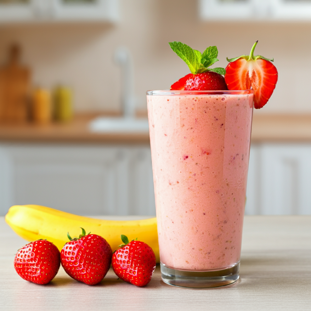 A delicious strawberry smoothie made with fresh strawberries, served in a glass with a slice of strawberry on the rim, placed on a wooden countertop