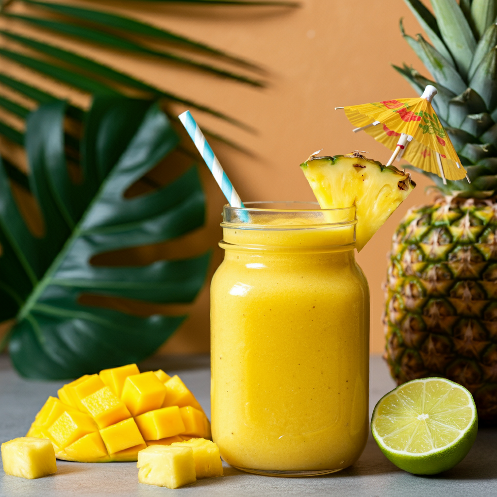 A tropical paradise smoothie in a mason jar, made with pineapple and mango, garnished with a pineapple wedge and a colorful paper umbrella, placed on a wooden table with a tropical leaf backdrop