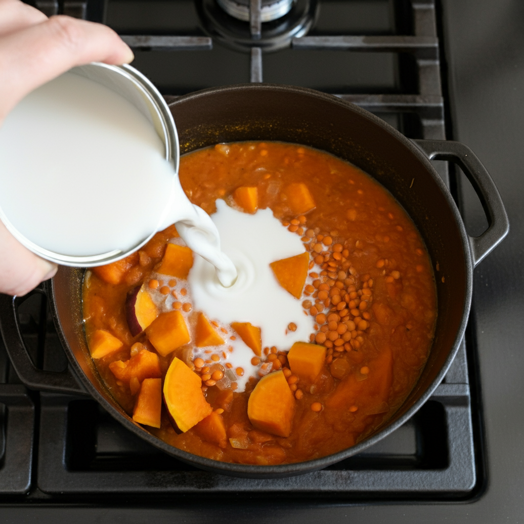 Adding coconut milk to red lentil and vegetable soup for a creamy, rich texture