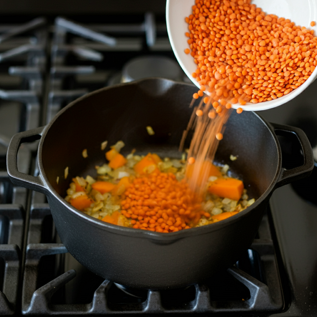 Adding red lentils to the pot for a simple and healthy vegetable soup recipe