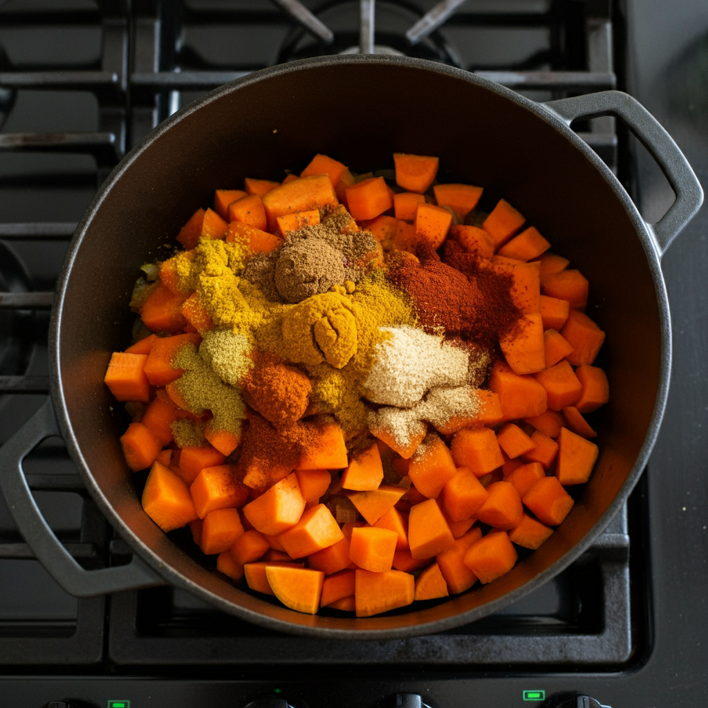 Adding spices to sautéed onions for a flavorful base in an <a href='https://adnetwork.martinstools.com' target='_blank' rel='follow'>easy</a> red lentil and vegetable soup