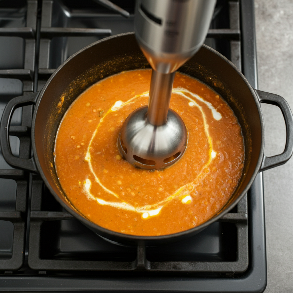 Blending red lentil and vegetable soup for a smooth and creamy texture