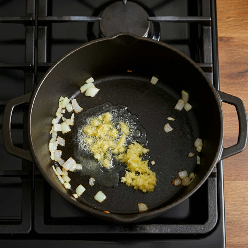 Sautéing onions for an easy red lentil soup with vegetables, adding flavor to the base of the recipe