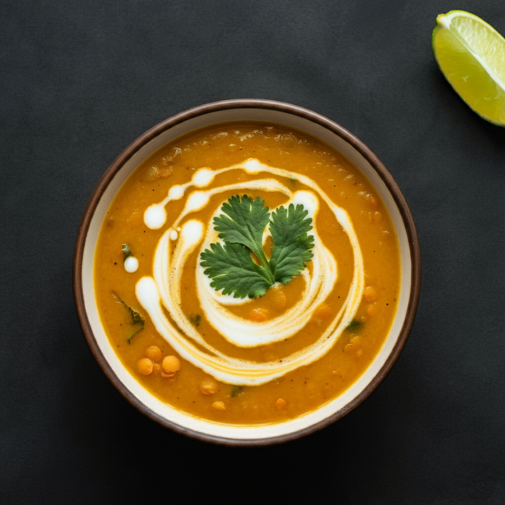 Serving a bowl of warm red lentil and vegetable soup, garnished with fresh herbs