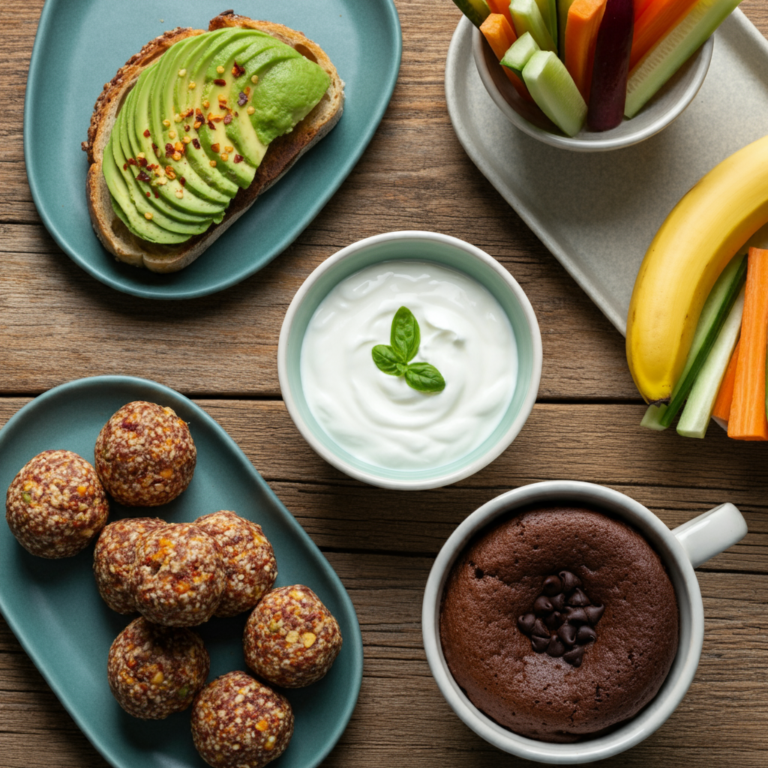 An assortment of easy snacks to make in 5 minutes with little ingredients, including avocado toast, peanut butter banana bites, caprese skewers, and Greek yogurt dip with veggie sticks, arranged on a wooden table