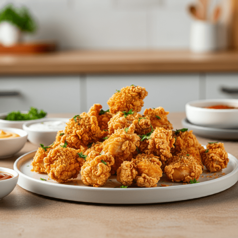 Step-by-step guide on how to make popcorn chicken at home, featuring bite-sized crispy chicken pieces coated in golden breadcrumbs, perfect for frying or air frying