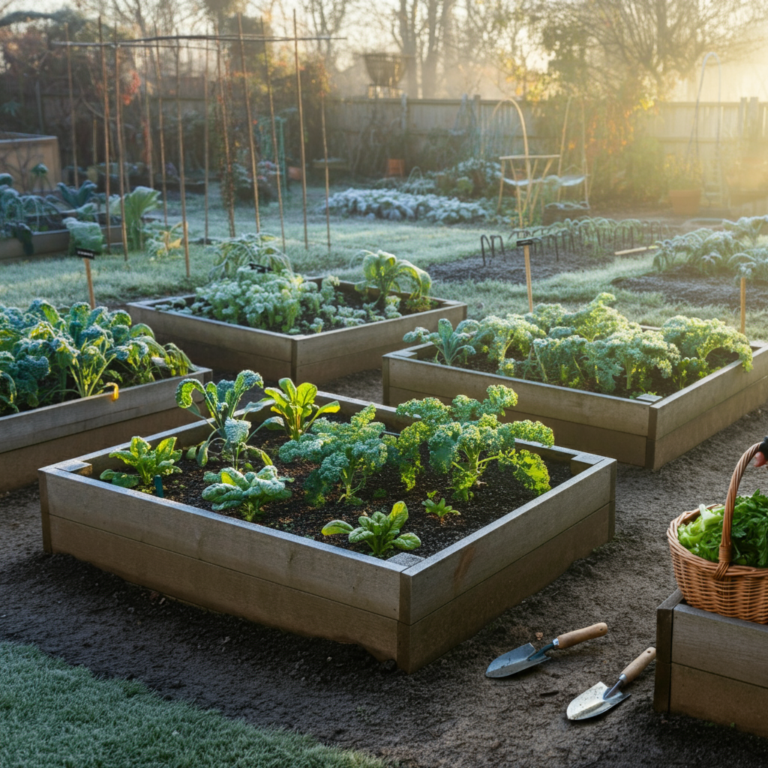 Winter greens seeds garden growing kale, spinach, and Swiss chard in raised beds with frost on the ground